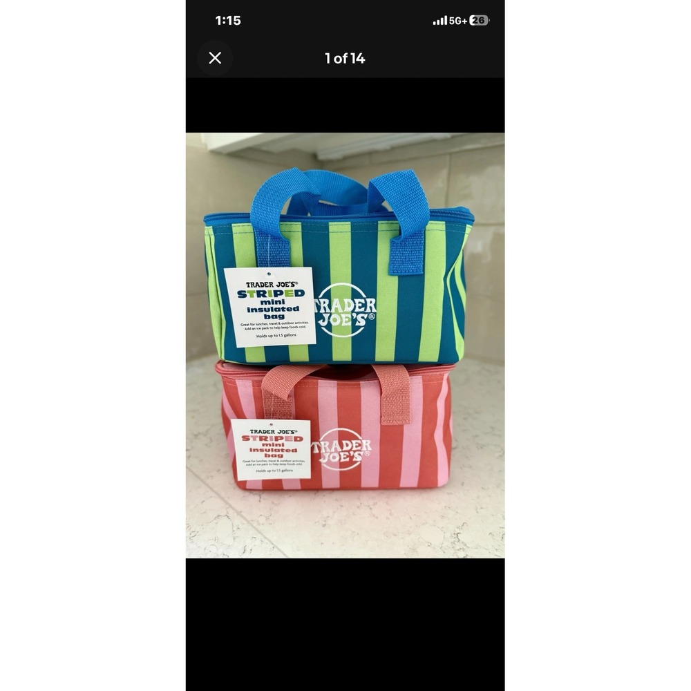 Trader Joe's Mini Bag Set of 2 Neon Lime Blue Pink Red Striped **SAME DAY SHIP**